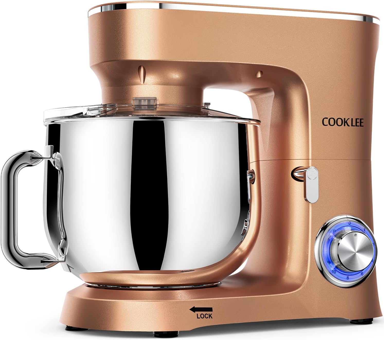 Sleek rose gold stand mixer with a reflective stainless steel bowl, clear splash guard, and matching whisk on a white background.