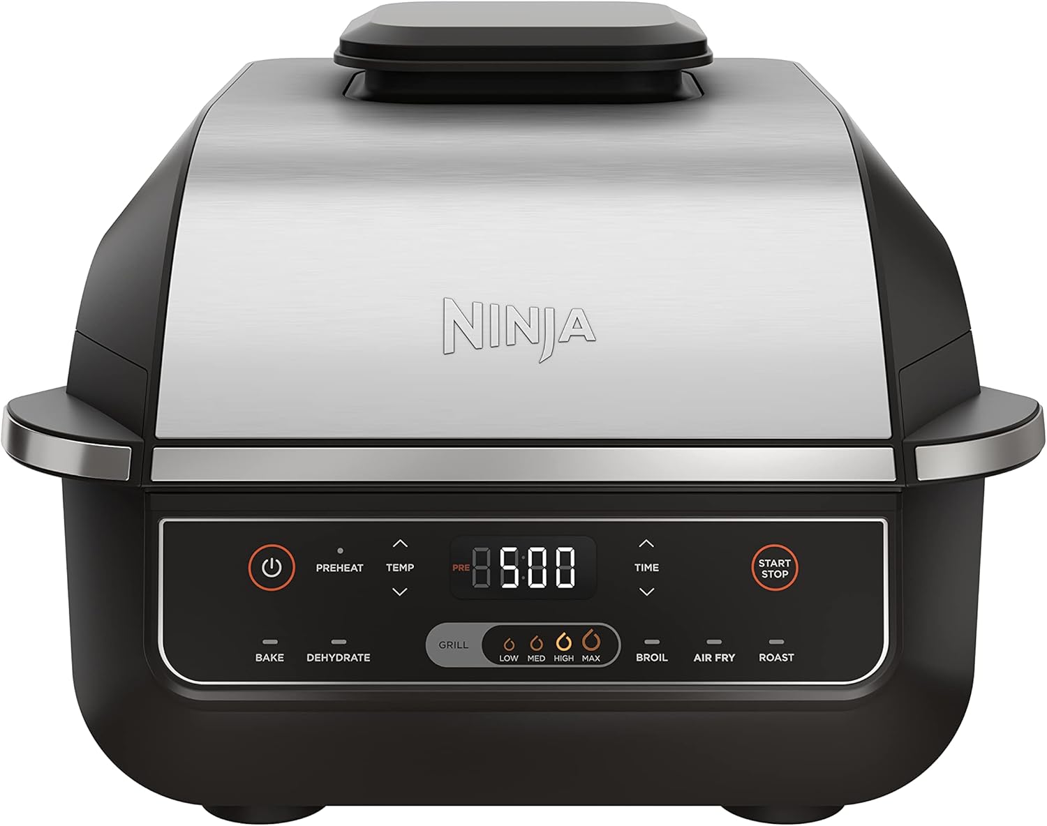 Sleek black and silver multi-function indoor grill with a digital display, alongside a compact matching air fryer.