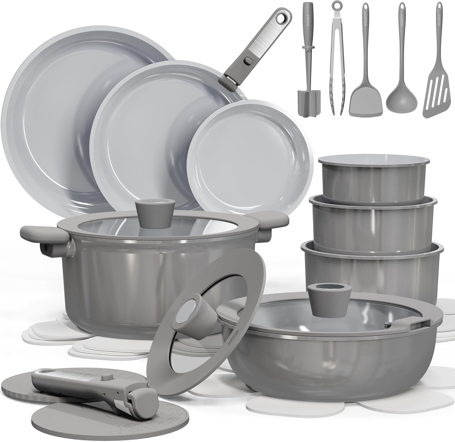 Modern grey non-stick cookware collection with pots, pans, lids, utensils, and storage containers arranged on a light background.