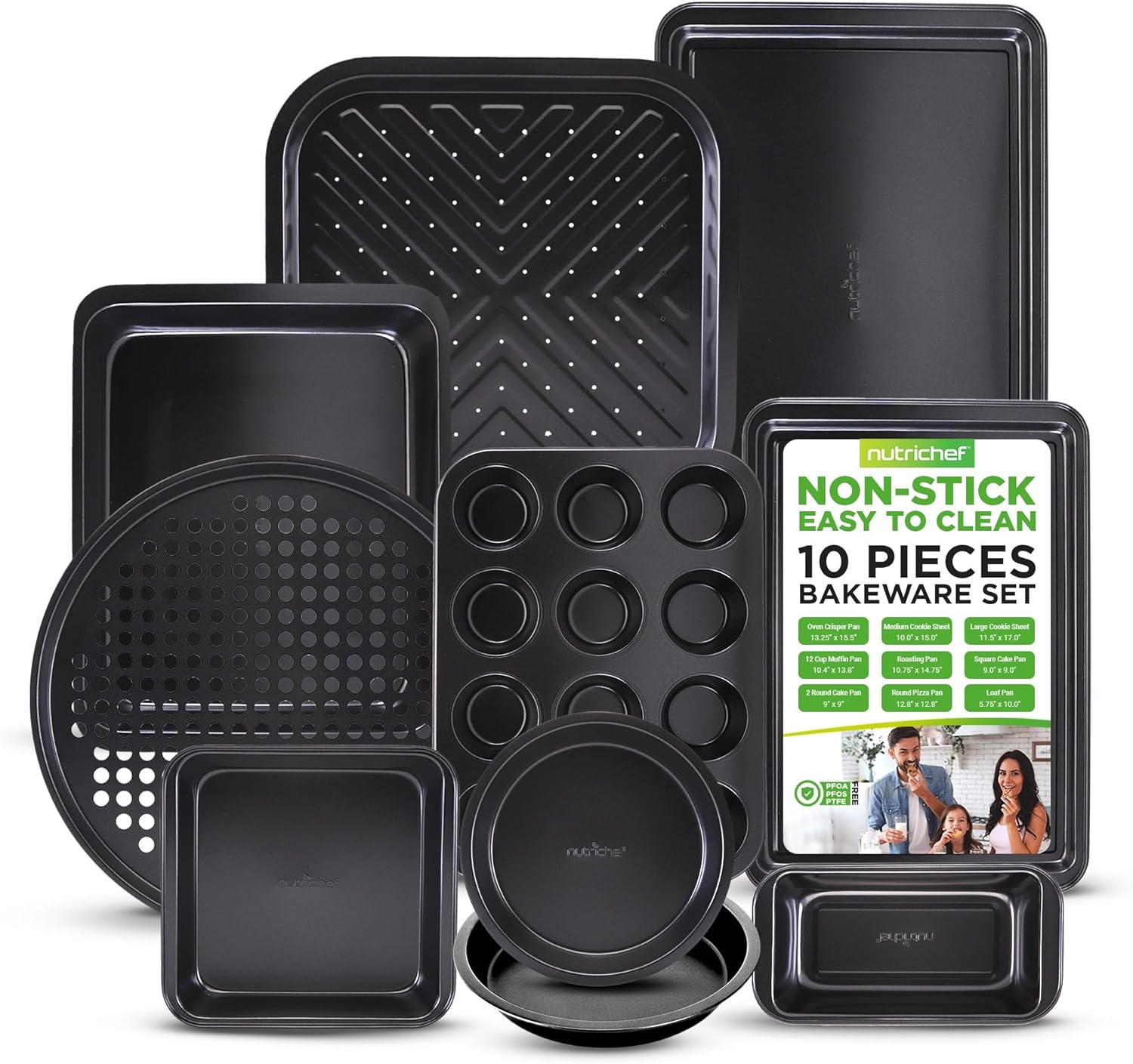 A meticulously arranged 10-piece black non-stick bakeware set on a clean white studio background.