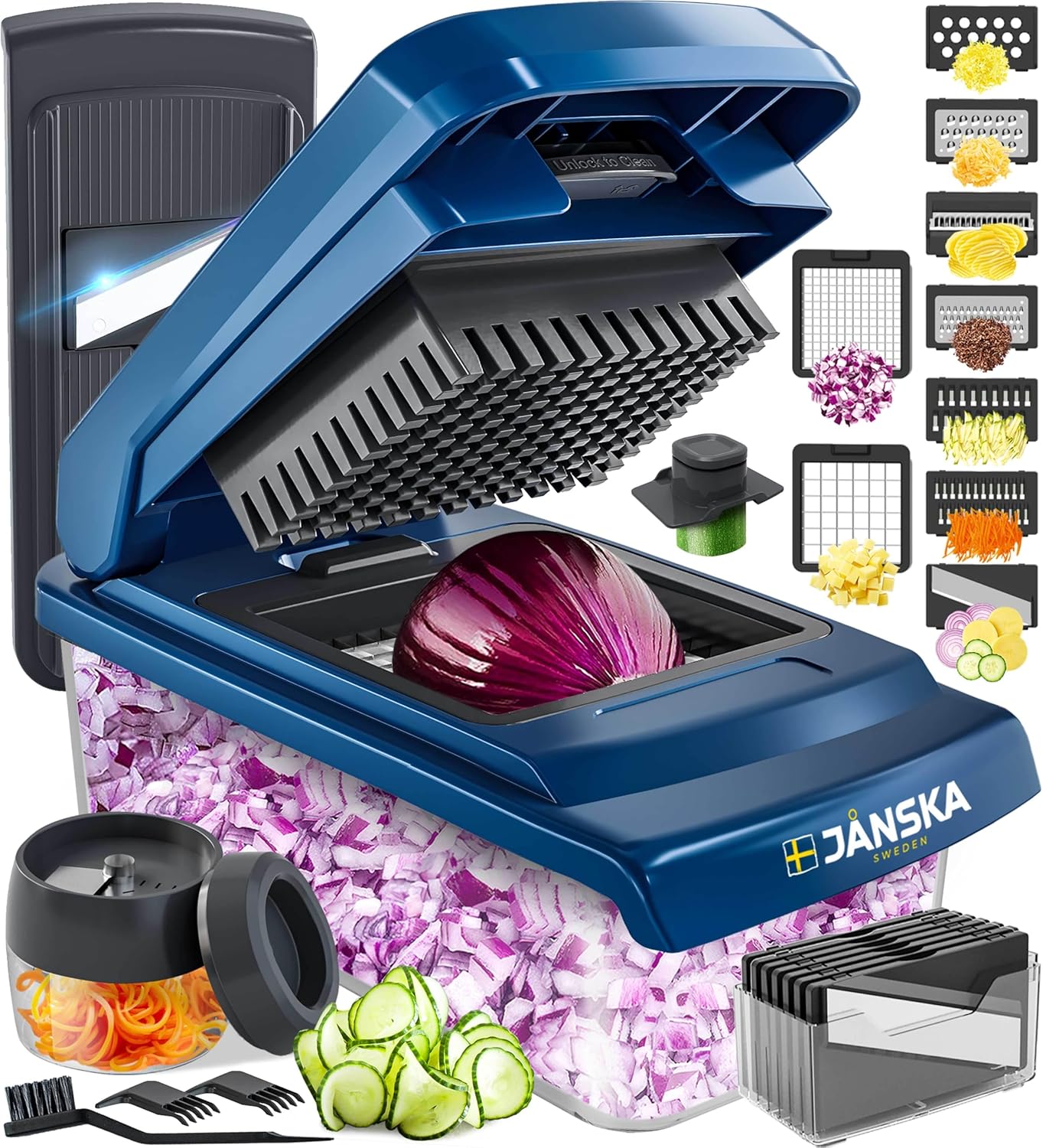 Dark blue multi-functional vegetable chopper dicing a red onion, surrounded by diverse blades and kitchen tools.