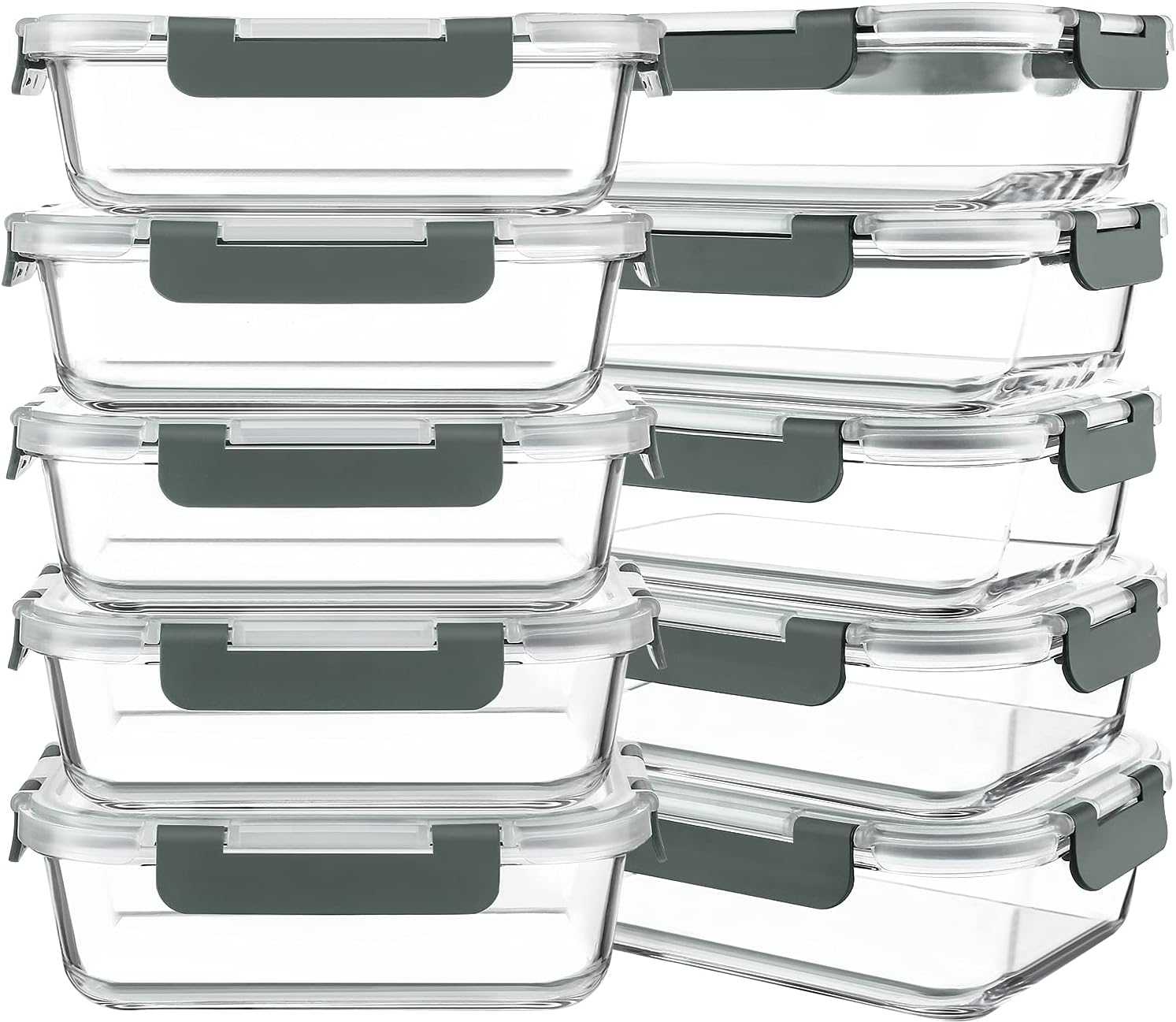 A collection of clear glass food storage containers with gray airtight locking lids in various shapes and sizes.