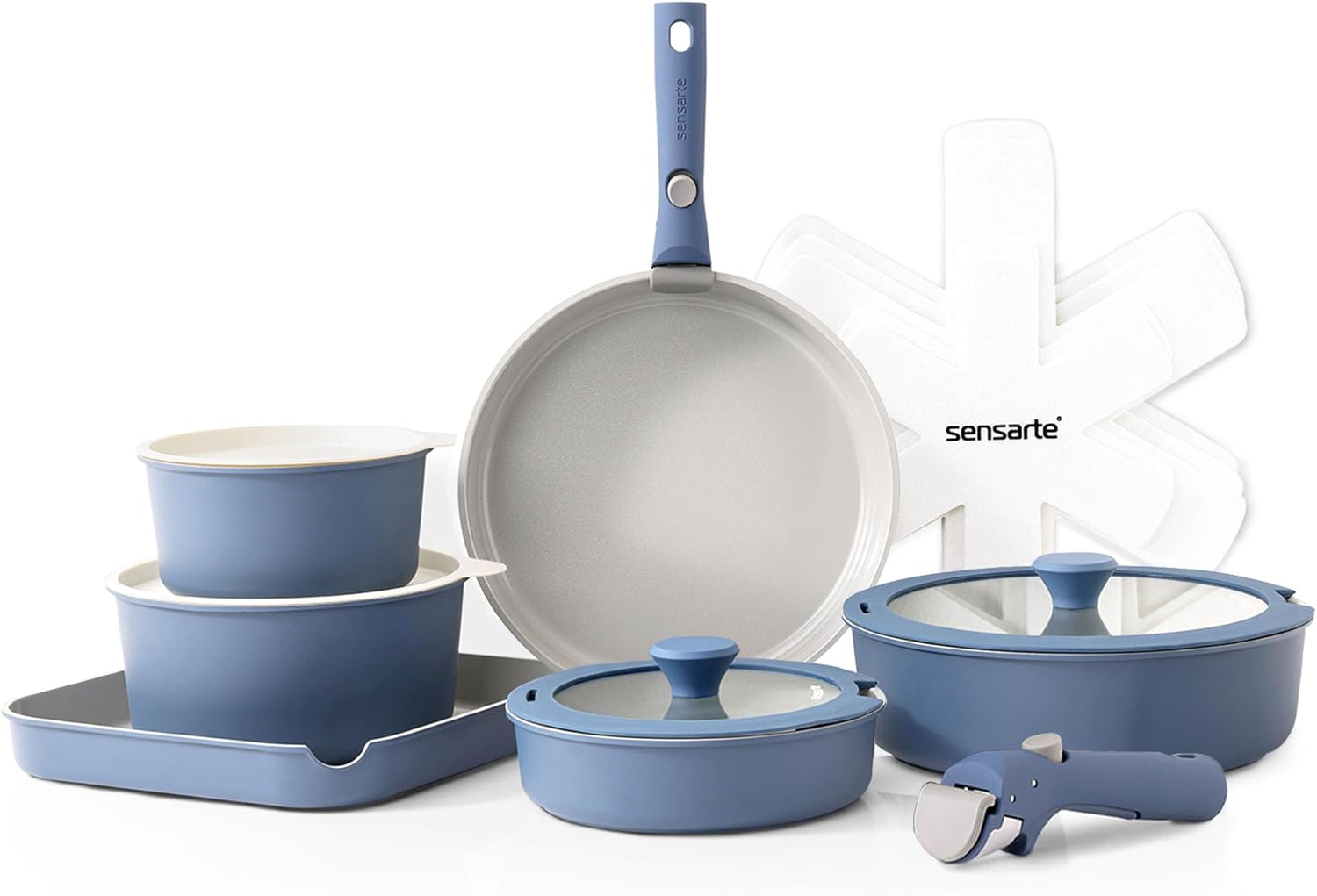 Full blue and light gray non-stick cookware set with pans, pots, and tools on a light gray backdrop.
