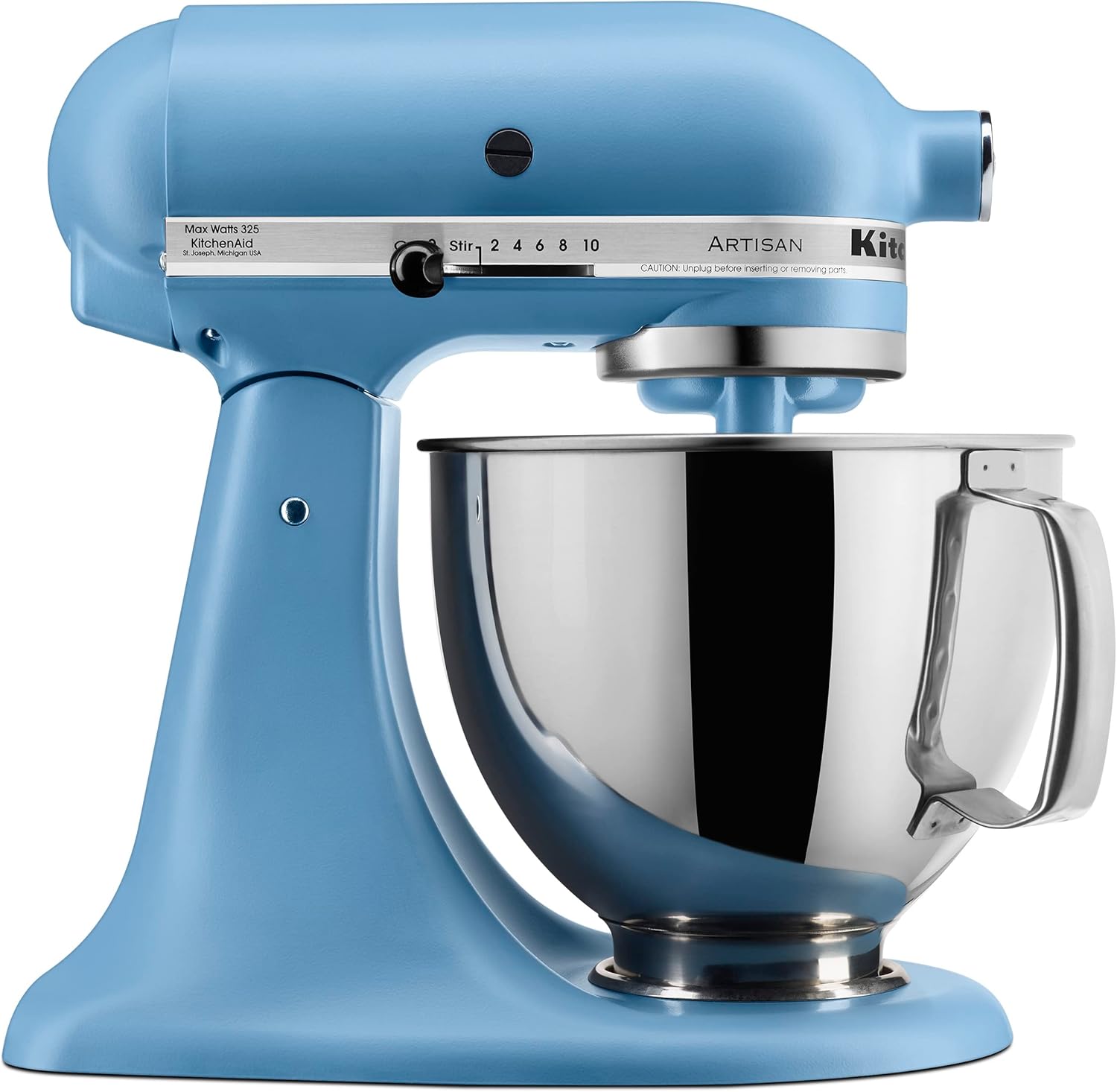 A vibrant light blue KitchenAid stand mixer alongside a cream one on a clean gray studio background.