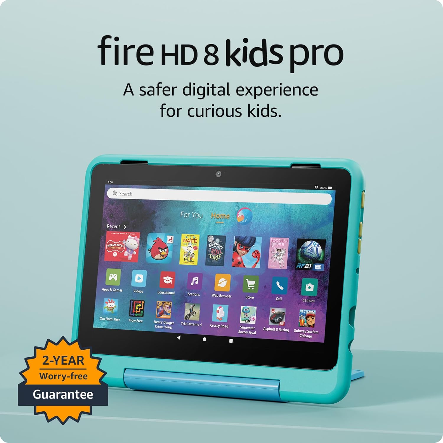 Teal Fire HD 8 Kids Pro tablet with blue stand, beside a flat yellow tablet on white.