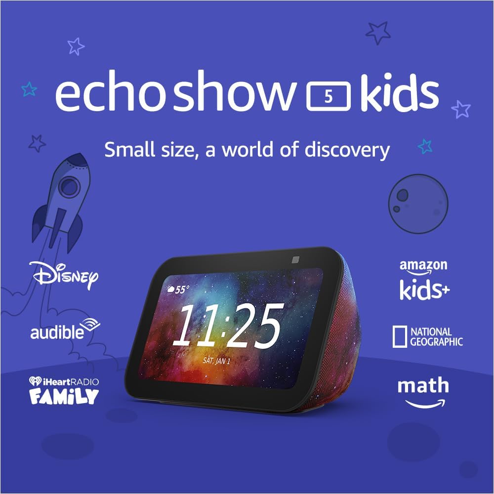 Two vibrant Echo Show 5 Kids smart displays, one with a cosmic time and weather screen, on a light gray background.