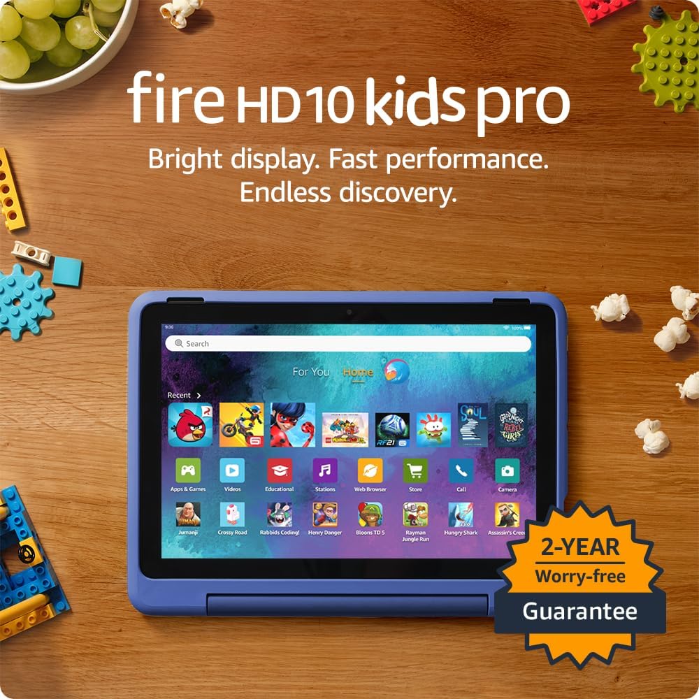 Blue and pink Kids Fire HD 10 Pro tablets in rugged cases; one displays colorful app icons, the other shows its textured back.