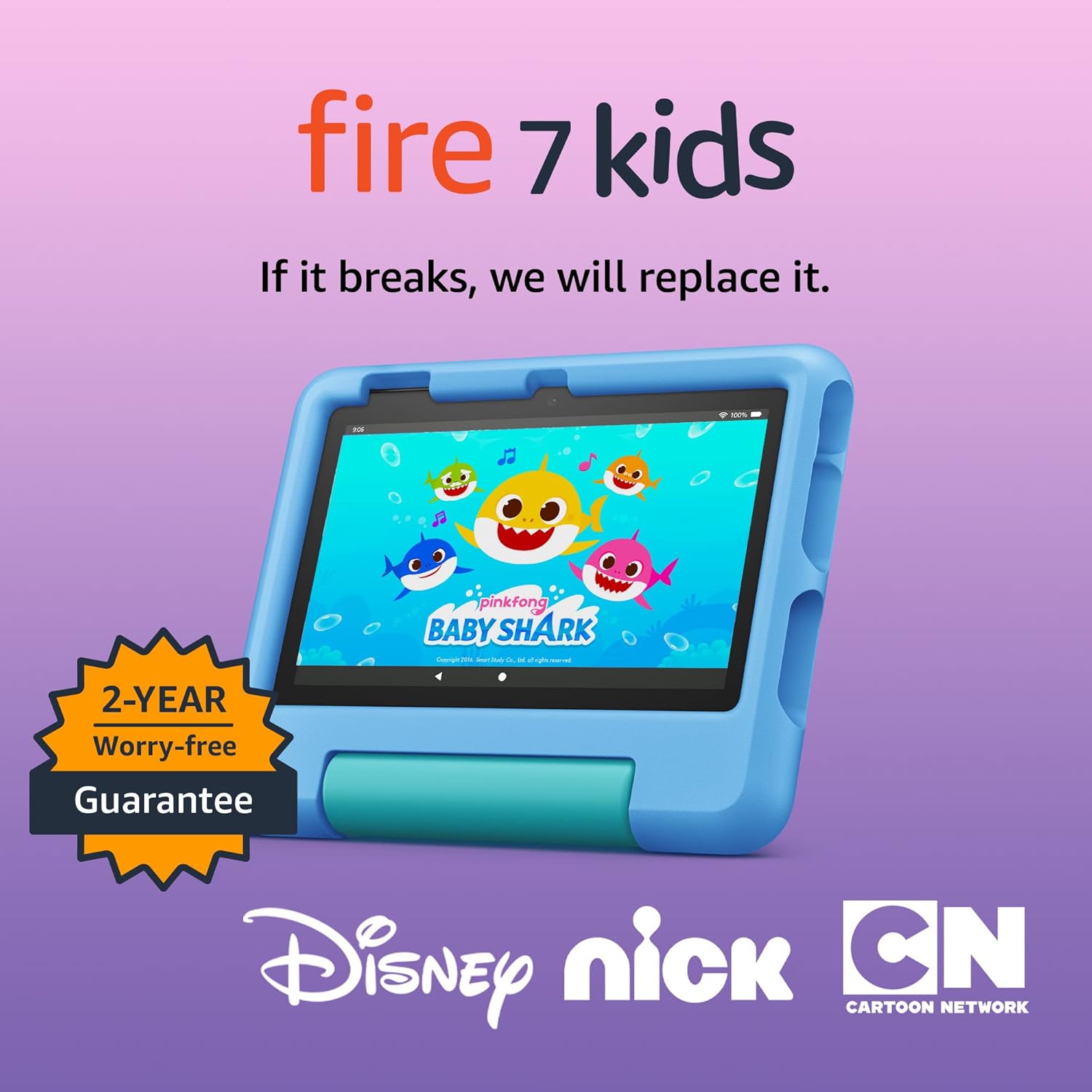 Two blue kids' tablets with textured protective covers display colorful animations.