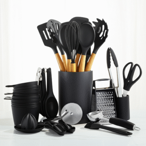 34PC Silicone Kitchen Utensils Set with Holder | Nonstick Safe, Heat-Resistant Wood Handles