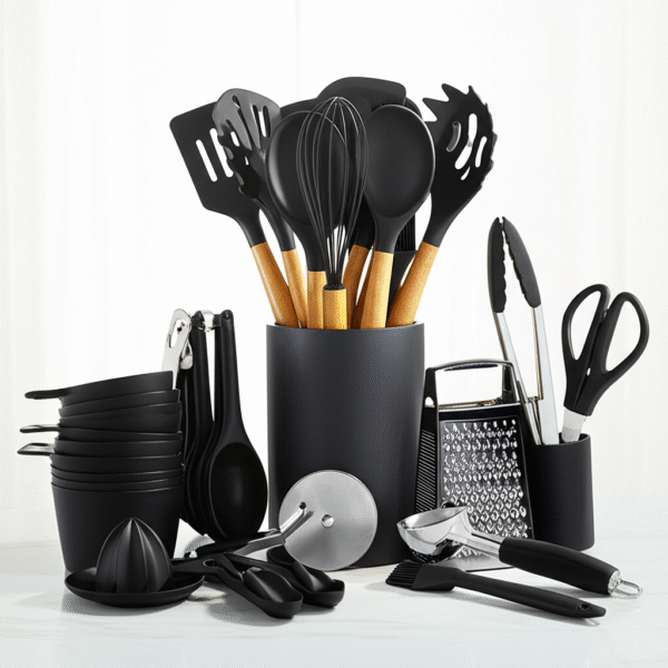 34PC Silicone Kitchen Utensils Set with Holder | Nonstick Safe, Heat-Resistant Wood Handles