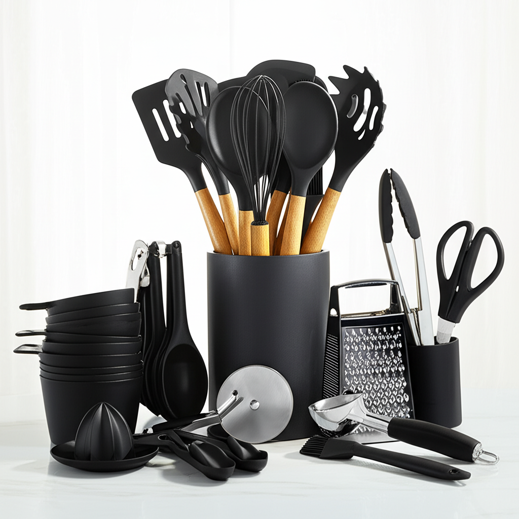 34PC Silicone Kitchen Utensils Set with Holder | Nonstick Safe, Heat-Resistant Wood Handles
