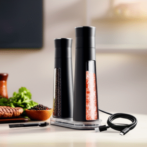 Black Rechargeable Electric Salt & Pepper Grinder Set | One-Hand, Adjustable, LED, Base