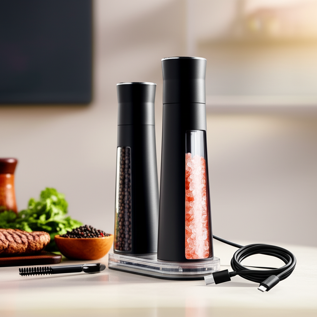 Black Rechargeable Electric Salt & Pepper Grinder Set | One-Hand, Adjustable, LED, Base