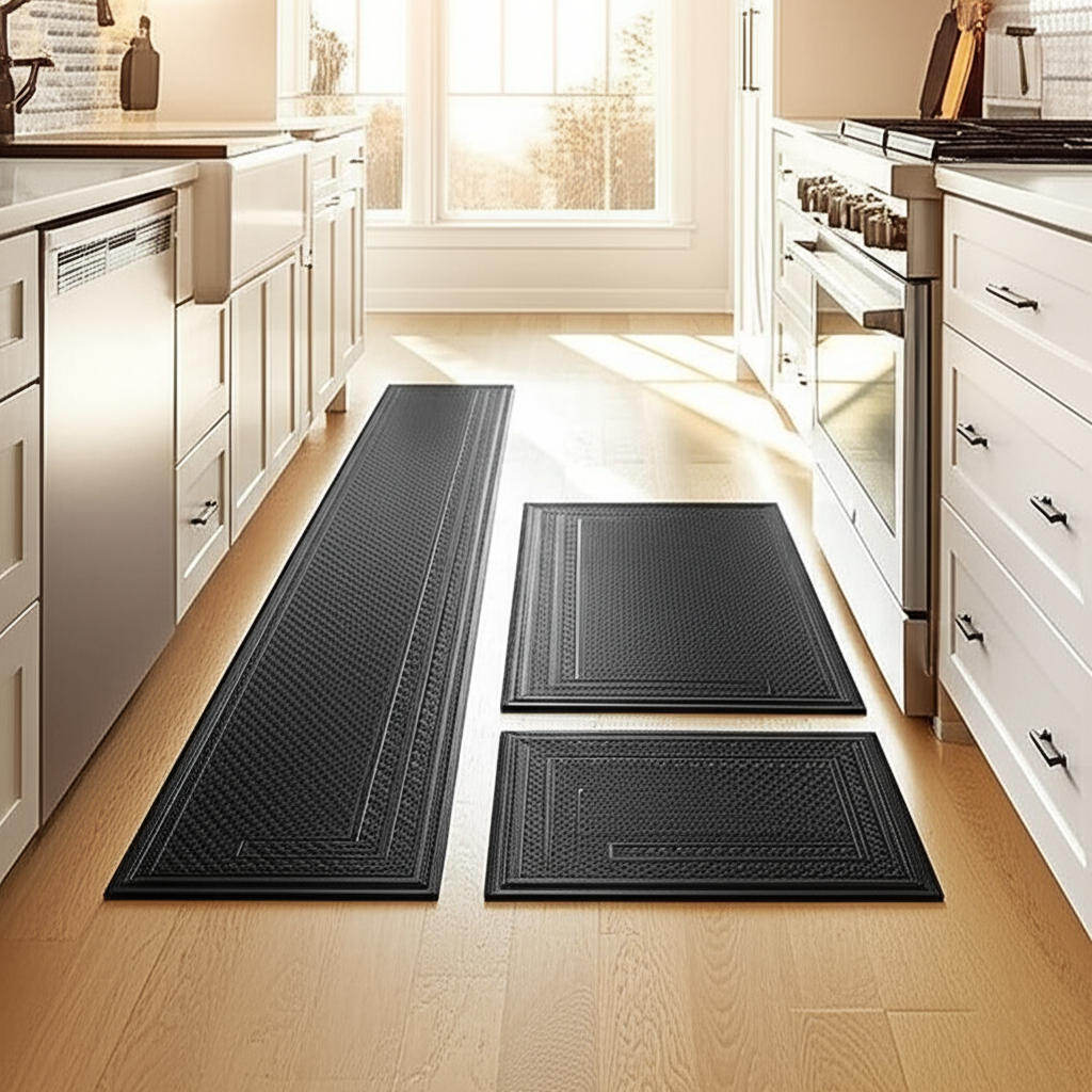StepRite 2PC Anti-Fatigue Kitchen Mat Set | Cushioned, Non-Slip, Waterproof Black Rugs
