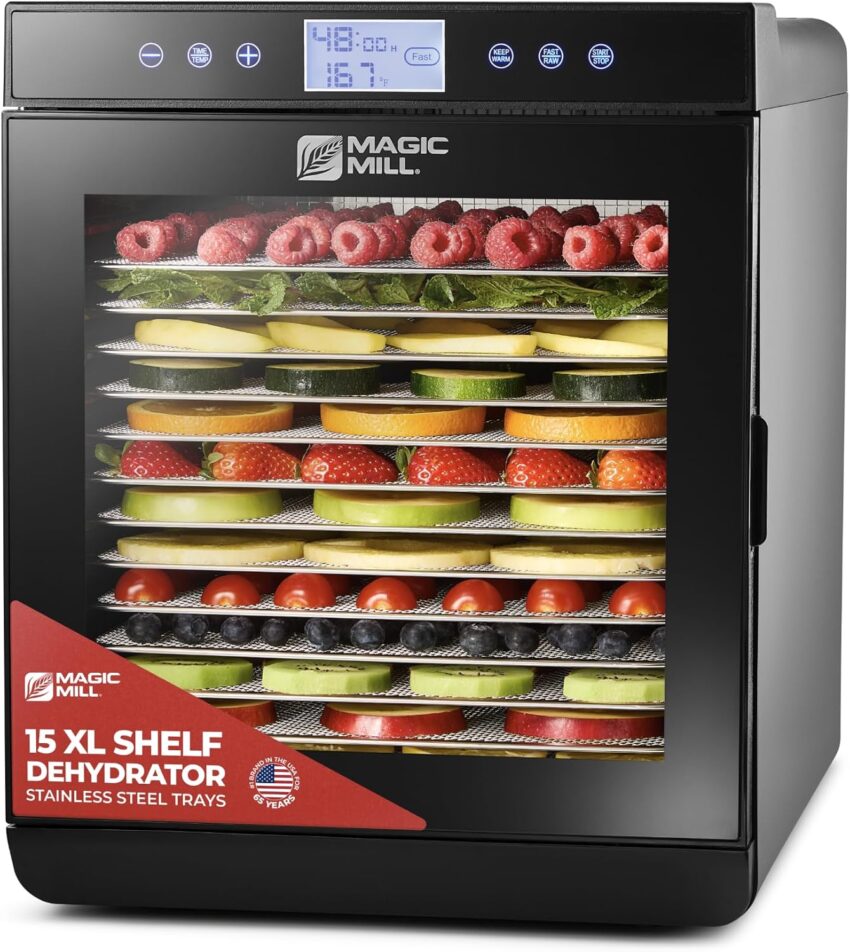 Sleek black food dehydrator with clear door, stainless steel trays, vibrant fruit/veg, smaller unit beside.