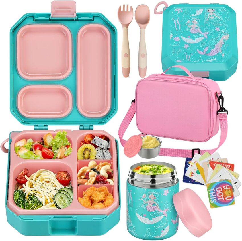 Vibrant teal and pink bento box, open with healthy food, surrounded by matching lunch set items.