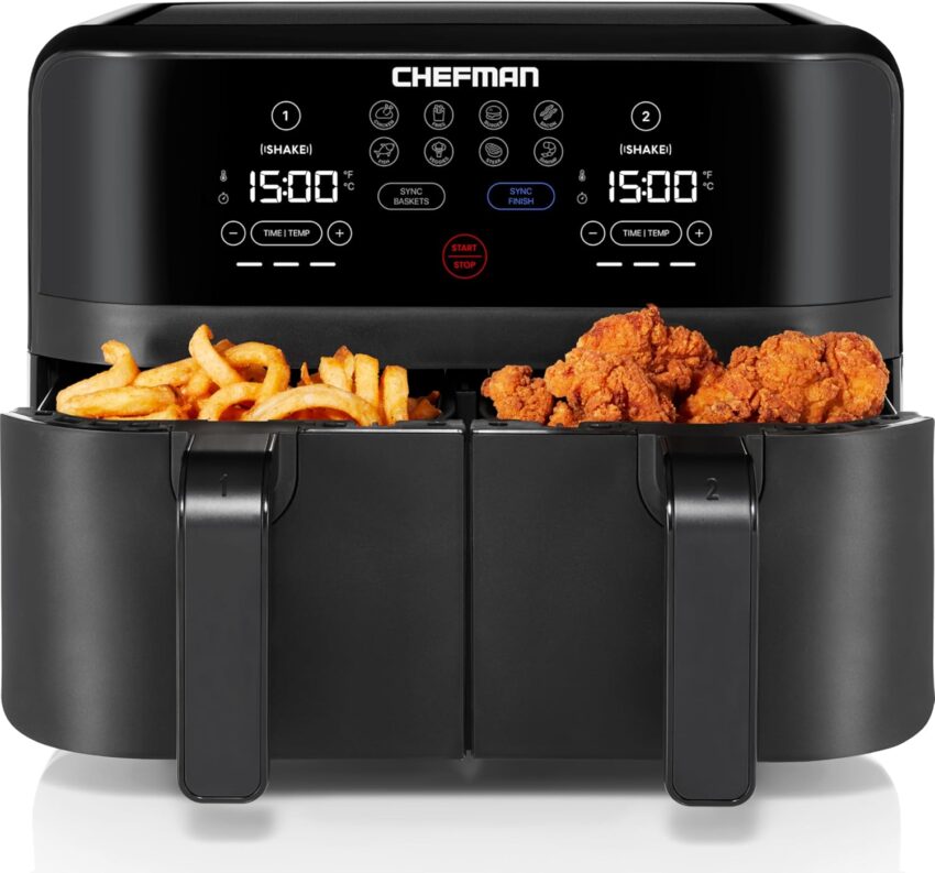 Sleek black dual-basket air fryer with golden curly fries, fried chicken, and digital display.